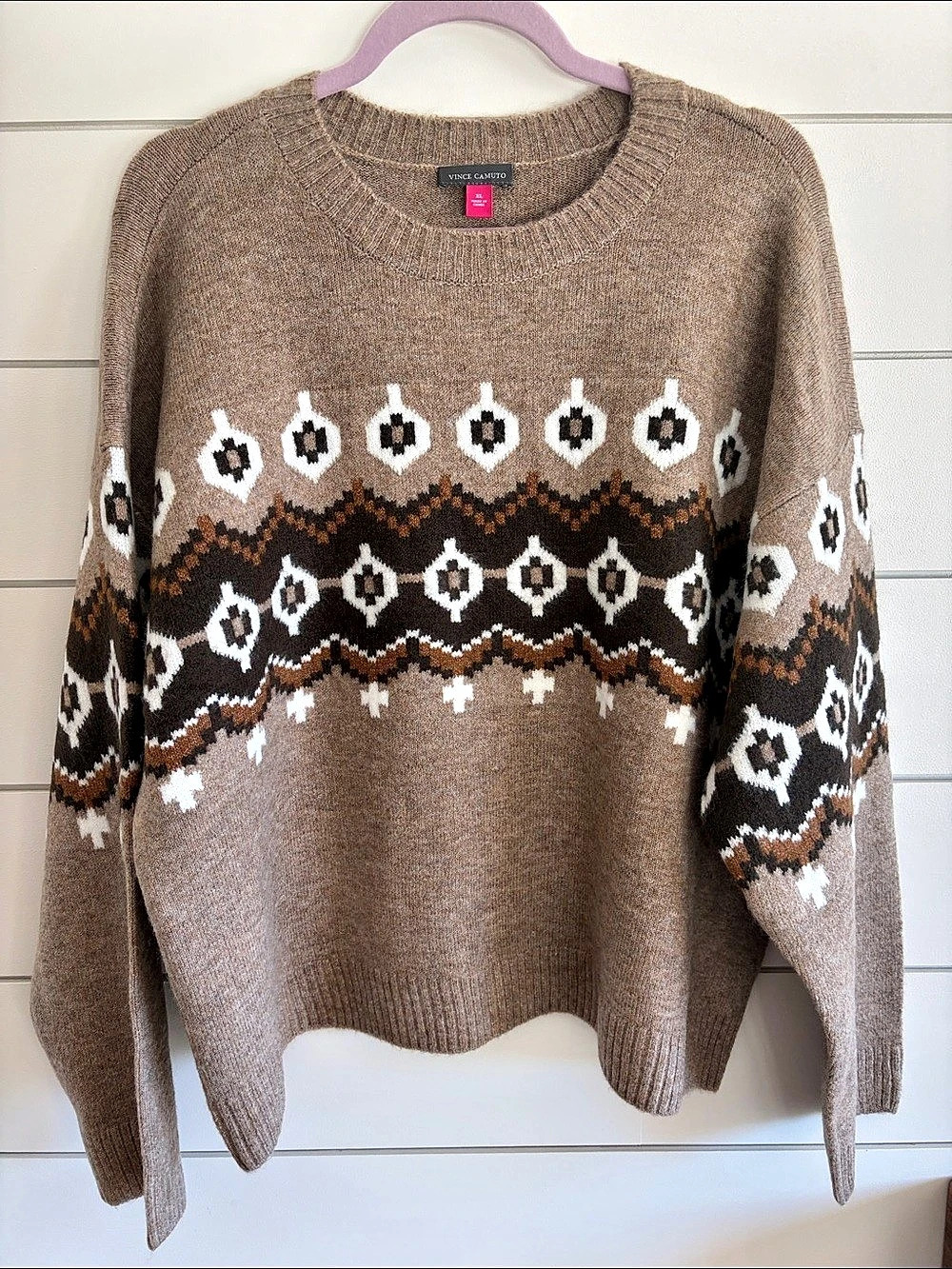 Vince Camuto Pumpkin Fair Isle Fall Sweater Brown & White XL